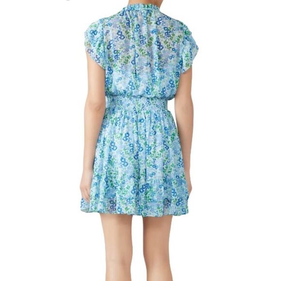 Shoshanna Sz 14 Blue Cottagecore Floral Smocked Waist Ruffled Hem Sheer w/ Slip - Picture 3 of 9